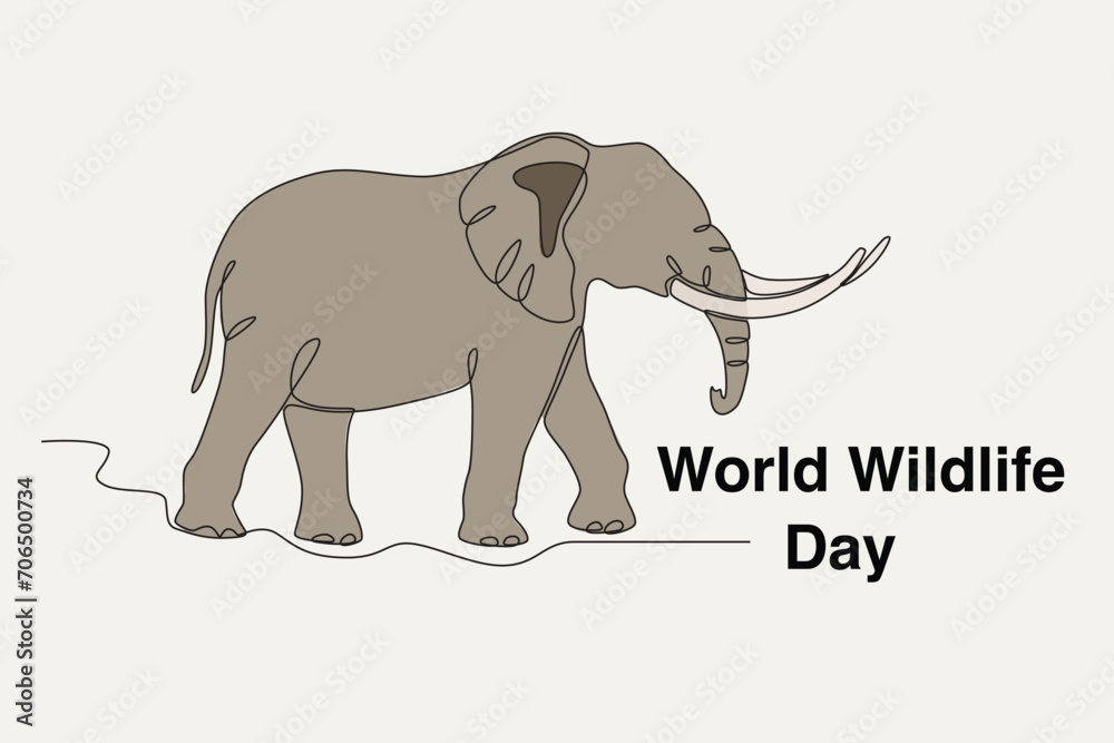 Colored illustration of an elephant walking gallantly. World Wildlife Day one-line drawing