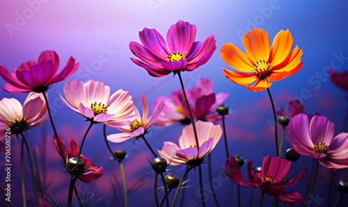 Vibrant Cosmos Flowers Dancing in the Breeze on a Gradient Violet and Blue Background, Depicting Natural Beauty and the Joy of Spring