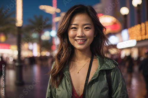 Asian woman in night Las Vegas city at night