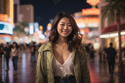 Asian woman in night Las Vegas city at night