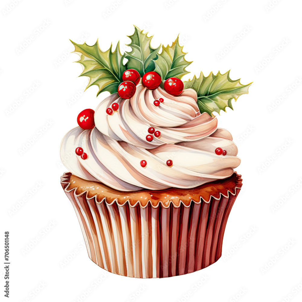Watercolor Cupcake with Holly flower Ai Generative Watercolor Cupcake with Holly flower Ai Generative