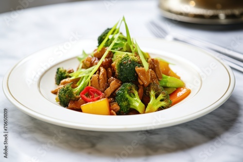 sweet and sour pork with steamed broccoli florets