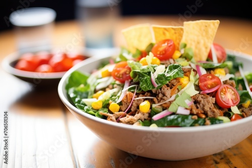 close-up of taco salad with cherry tomatoes and corn