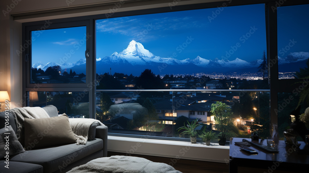 Fototapeta premium Night scene glass house living room with mountain view There are large frame less glass window overlooking to the mountain and nature