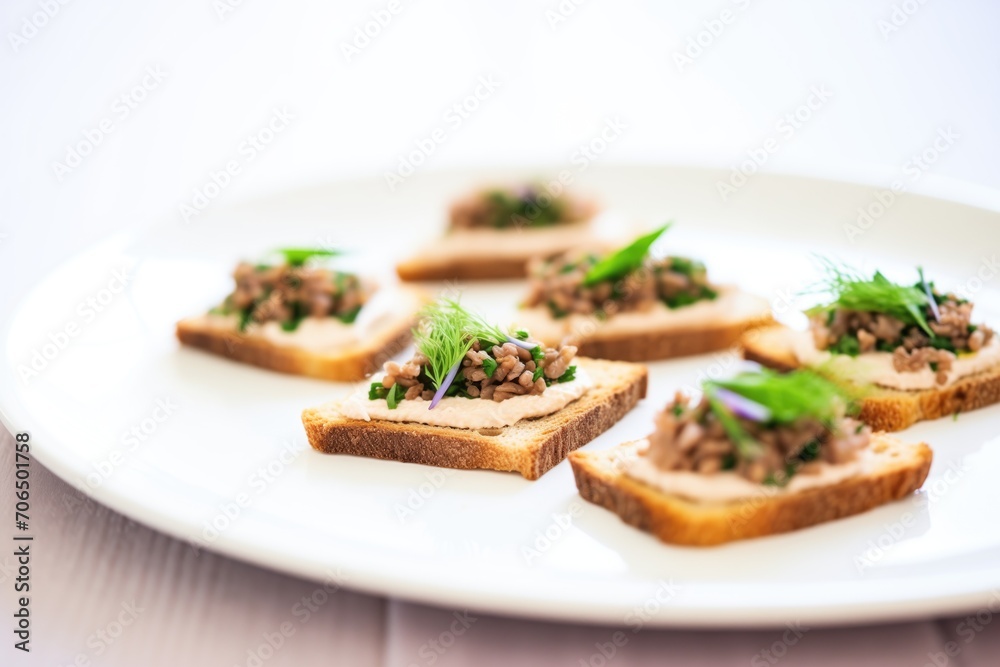bread slices with tapenade spread on white plate