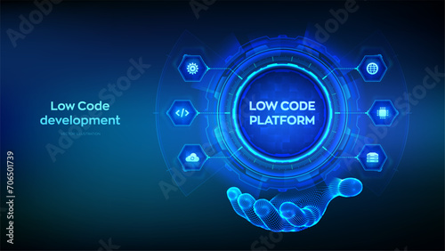 Low code platform and No Code development technology concept in wireframe hand. LCDP and NCDP - software development using graphical interfaces. Vector illustration.