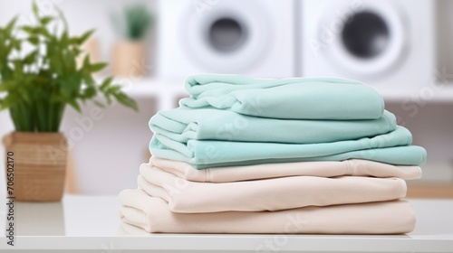 Perfectly Folded Bedding Sheets, Serenely Positioned in a Blurred Laundry Room Setting