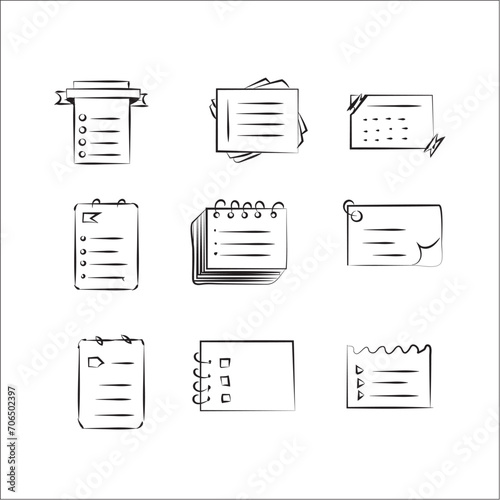 Hand drawn memo paper sheets, sticky note, reminder, to do list, sticky tape and pins. Bullet journal