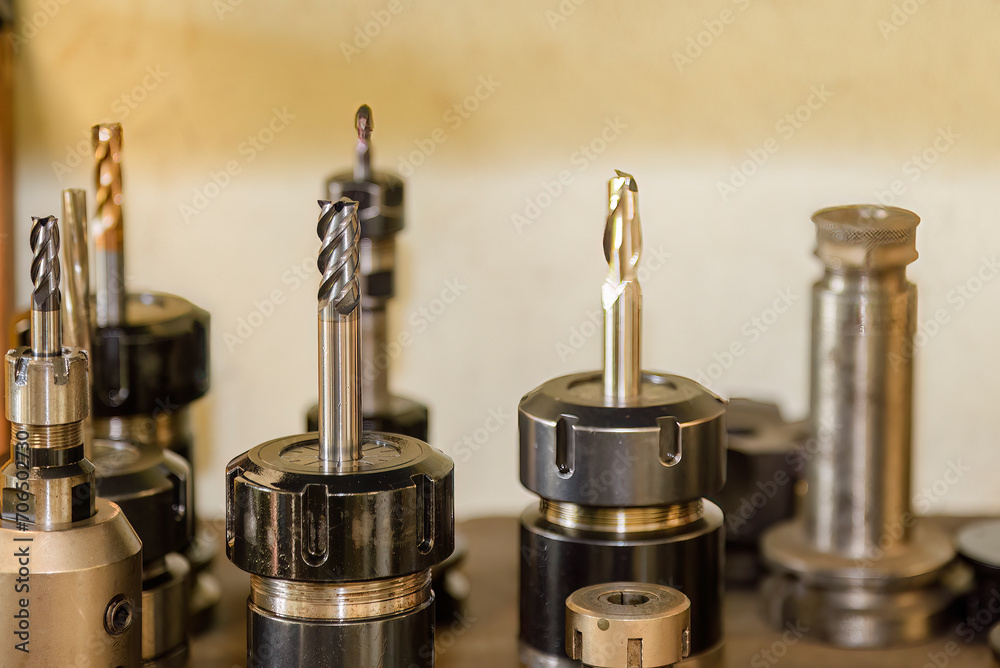 Close-up scene group of the used flat or square solid end mill tools. Close-up scene group of the used flat or square solid end mill tools.