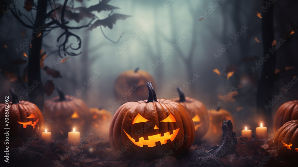 Halloween night, pumpkins, dark atmosphere