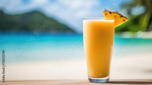 Pineapple smoothie, juice or cocktail, on tropical beach, bright day light, copy space