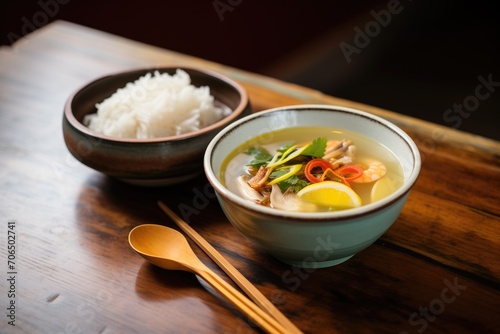 tom yum goong served with a side of white rice