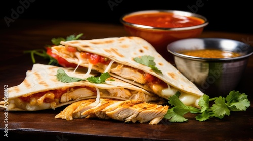 Delicious chicken quesadilla with melted cheese, grilled chicken, cilantro, and diced tomatoes. Hyper-realistic image with sharp-focus, vibrant colors
