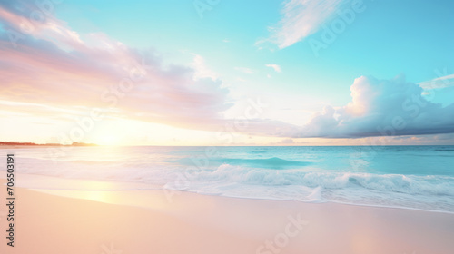 Tropical beach with clear water and white sand, sunrise, pastel colors