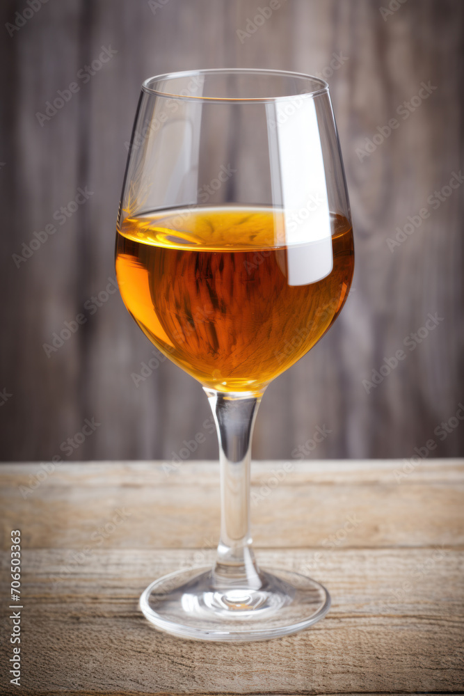 Glass of amber-colored sherry wine on wooden surface Glass of amber-colored sherry wine on wooden surface