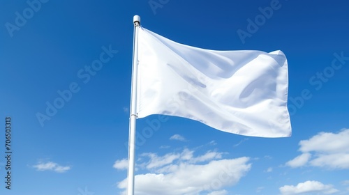 White flag gently flutters in clear blue sky. Immaculate, crisp edges, no wear or tear. Peaceful symbol of surrender, calm, serenity, freedom, and unity. Clean, pristine, motion in the wind.