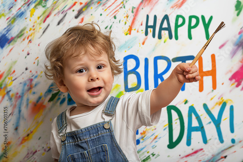 Young boy is writing happy birthday on the wall with colorful paints. Generative AI
