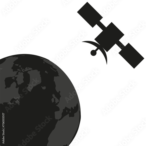 Satellite and Earth silhouette isolated white background. Space exploration. Design for t-shirt print. Vector illustration. EPS 10