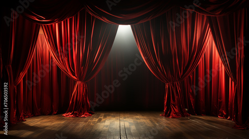 Red stage curtain and wooden floor realistic vector. Theater, opera scene drape backdrop, concert grand opening or cinema premiere backstage, portiere for ceremony performance template 3d illustration