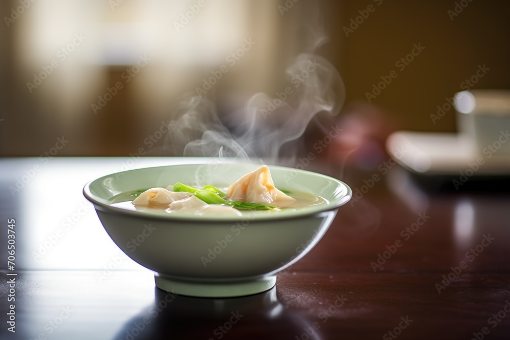 steaming bowl of wonton soup, steam visible steaming bowl of wonton soup, steam visible