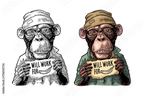 Monkeys holding table with lettering WILL WORK FOR FOOD. Engraving