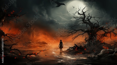 A dark and eerie depiction of a Halloween night with a witch hovering over a cauldron in a graveyard surrounded by bats and ghosts © FantasyDreamArt