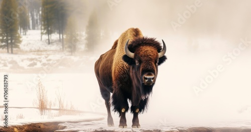 A Mighty Bison Amidst the Misty Ambiance of a Hot Spring in a National Park