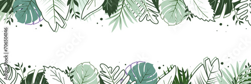 Abstract background banner made of botanical tropical palm leaves branches in the jungle in green color drawn outline. Design for banner poster decoration. Flat doodle style. Vector illustration.