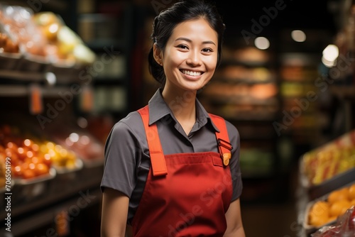 Asian Woman staff in apron working in grocery store. Business concept
