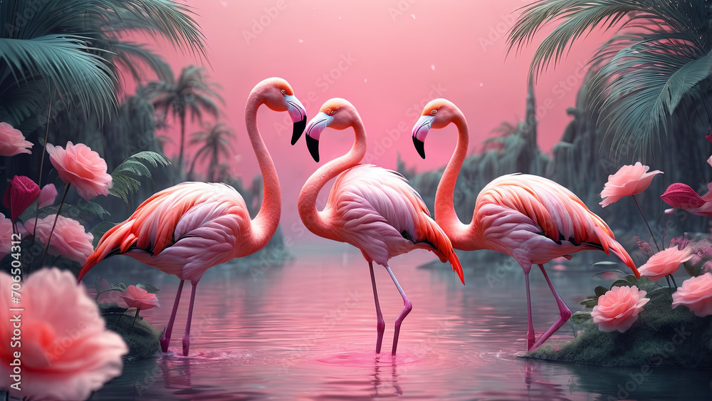 Cute flamingo on fantasy aesthetic valentines scenery background