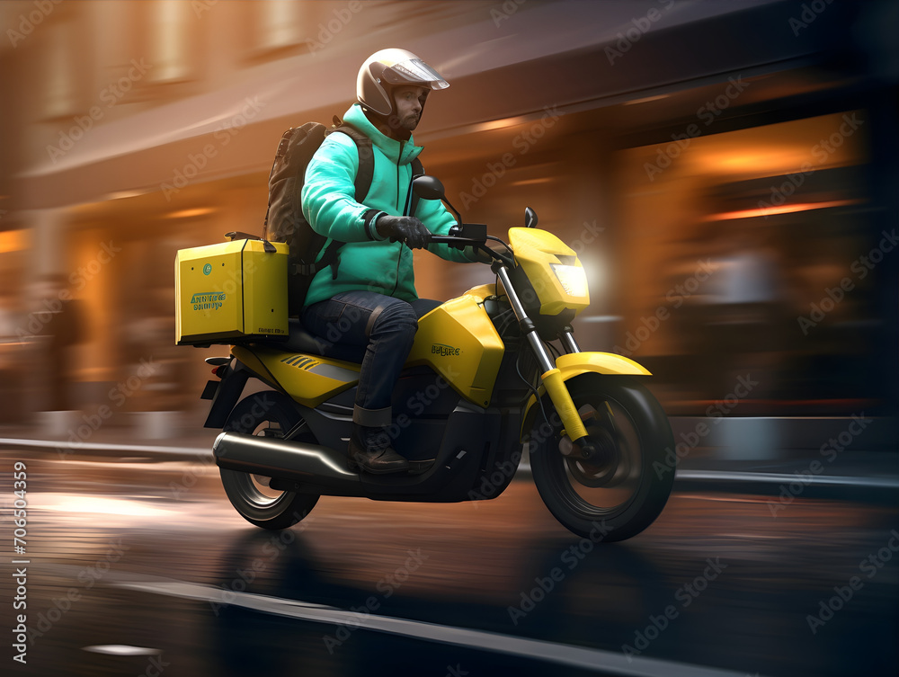 Motorbike Food Delivery Guy in Work in a City AI Artwork