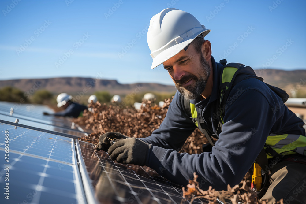 Engineer installing solar panels, Workers installing a solar cell farm power plant. Generative AI Engineer installing solar panels, Workers installing a solar cell farm power plant. Generative AI