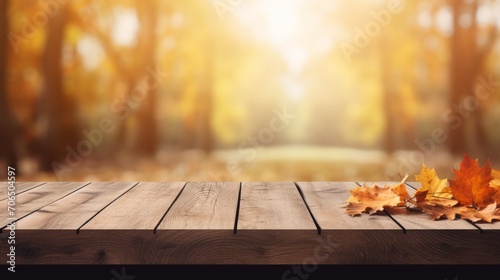 Autumn background with falling leaves and empty wooden table  ideal for product placement. Neural network AI generated art