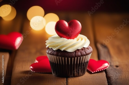 chokolate cupcakes with red hearts on wooden table light background