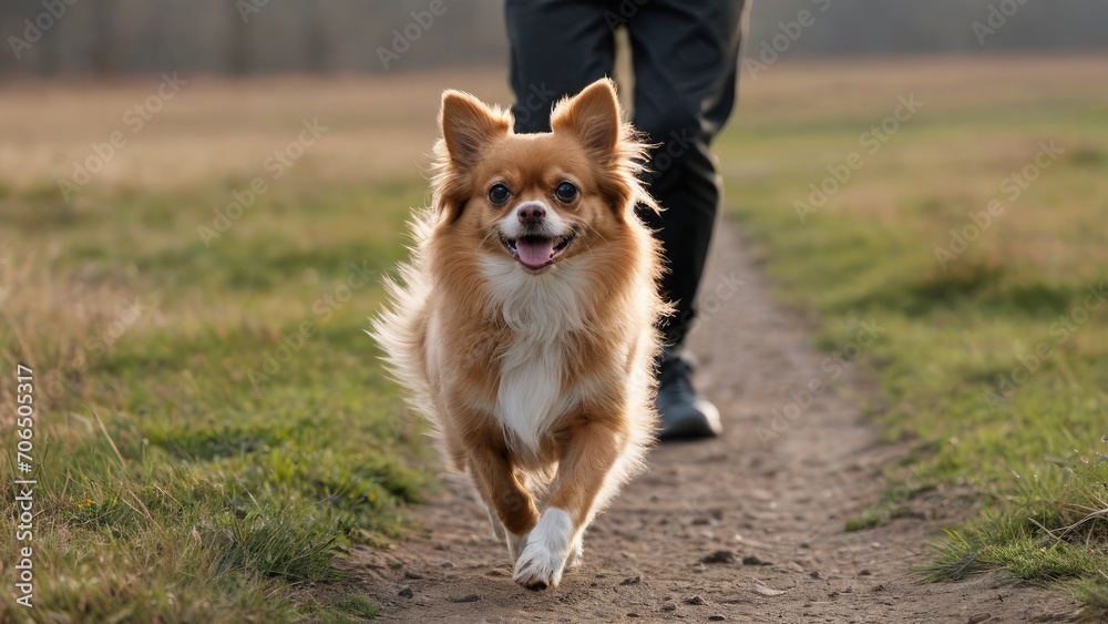 Red chihuahua dog running with its owner in the park