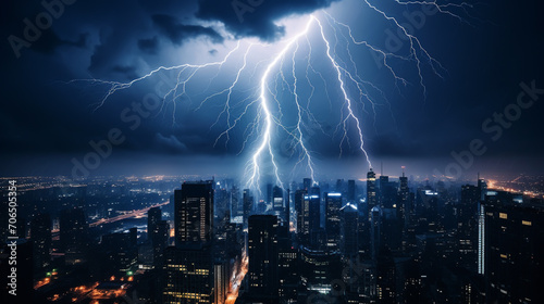 Powerful Lightning bolt strikes over the city in a strong  hot  and humid thunderstorm. Stormy night