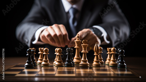 Man's hand holds a chess piece king. A dark colored chess piece. The figure flies. Chess game making a move by a player is an intellectual game.