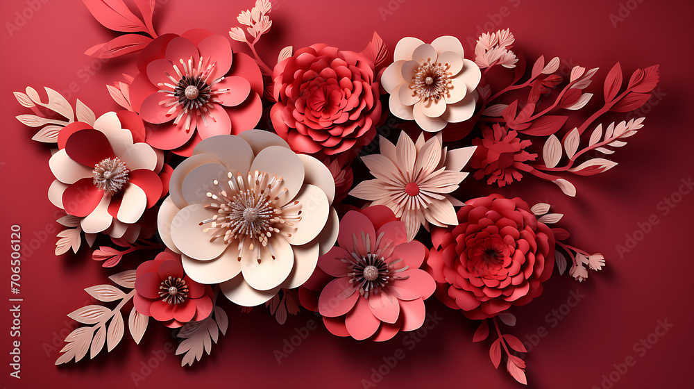 Pink Floral Design. Premium Paper Cut Banner with Flowers and copy-space,