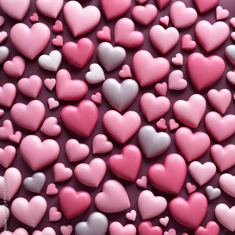 Collection of hearts varying in shades from pastel pinks to deep crimsons surface textures