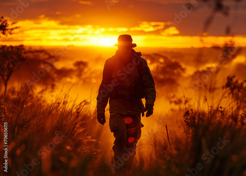 Silhouette of a Anti rhino poaching ranger at sunset in a game reserve.