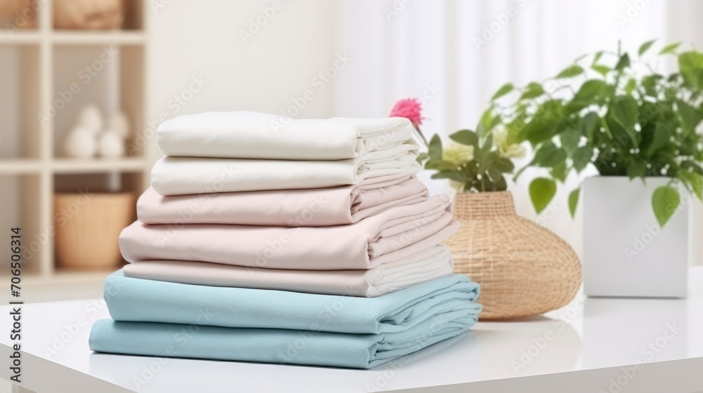 A Neat Stack of Clean Bedding Sheets Against a Blurred Laundry Room Backdrop
