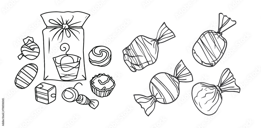 Candy in one continuous line drawing, Caramel and chocolate sweet in wrapper paper symbol for candy shop concept or web banner in simple linear style.
