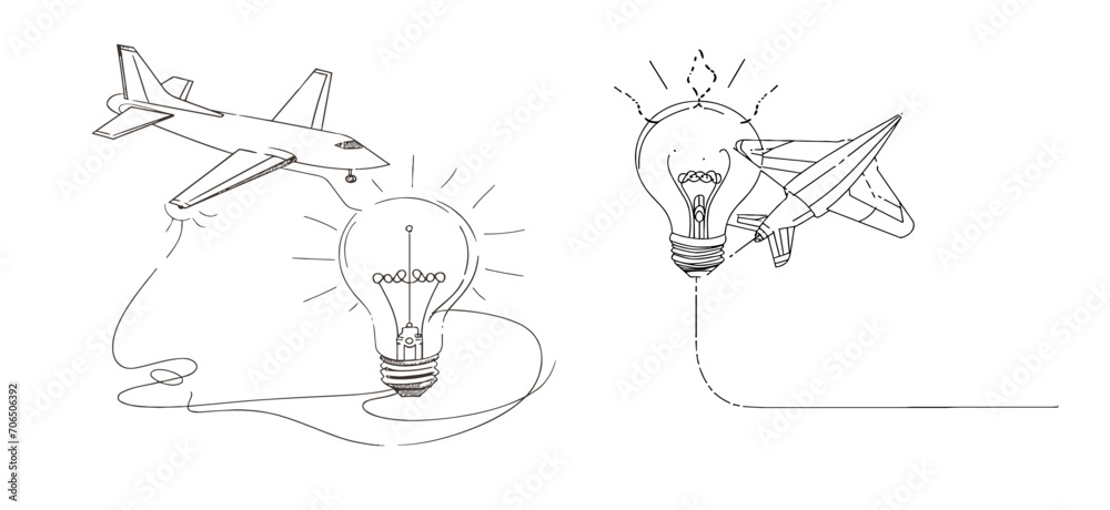 Paper plane flying up connected with light bulb in one continuous line drawing Paper plane flying up connected with light bulb in one continuous line drawing