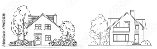 One continuous line drawing of family country house with bushes at village.