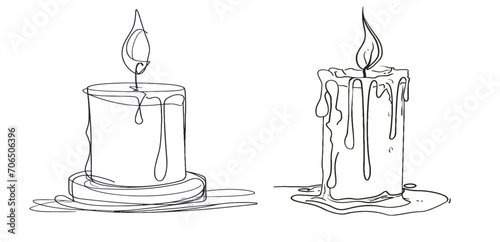 One continuous line drawing of wax or paraffin candle. Christmas home decoration and aromatherapy concept in simple linear style