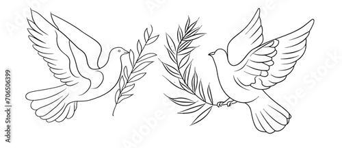 One continuous line drawing of dove with olive branch