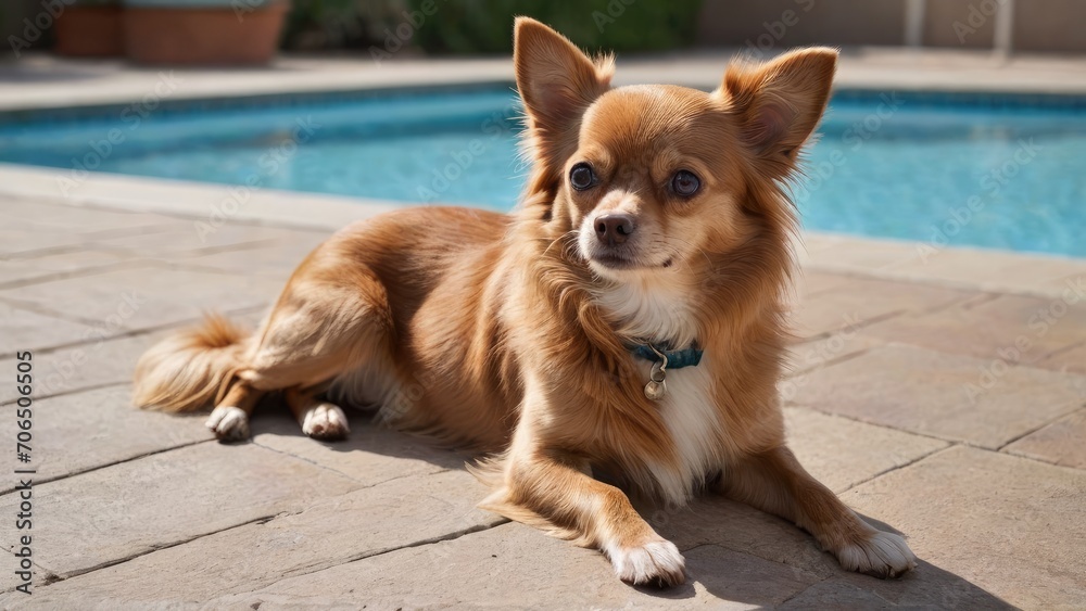 Red chihuahua dog standing by the pool