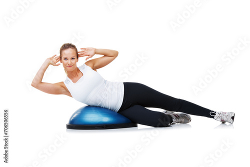 Portrait, half ball and woman exercise for core strength development, pilates workout or fitness club routine. Studio floor, sports equipment and person training, balance or gym on white background