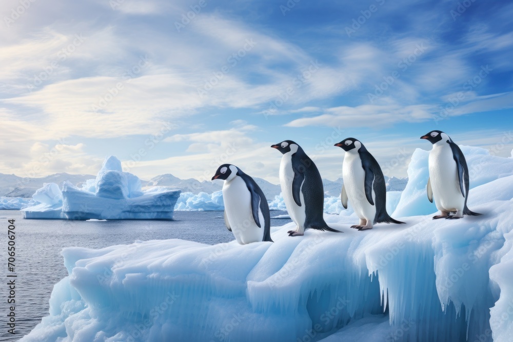 Four penguins on ice in the morning