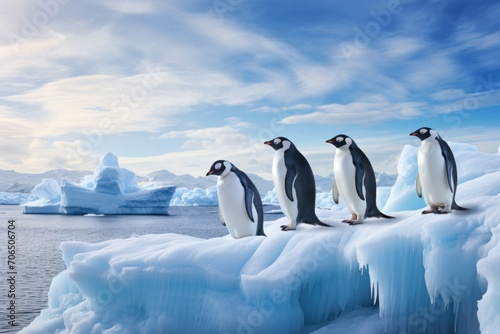 Four penguins on ice in the morning